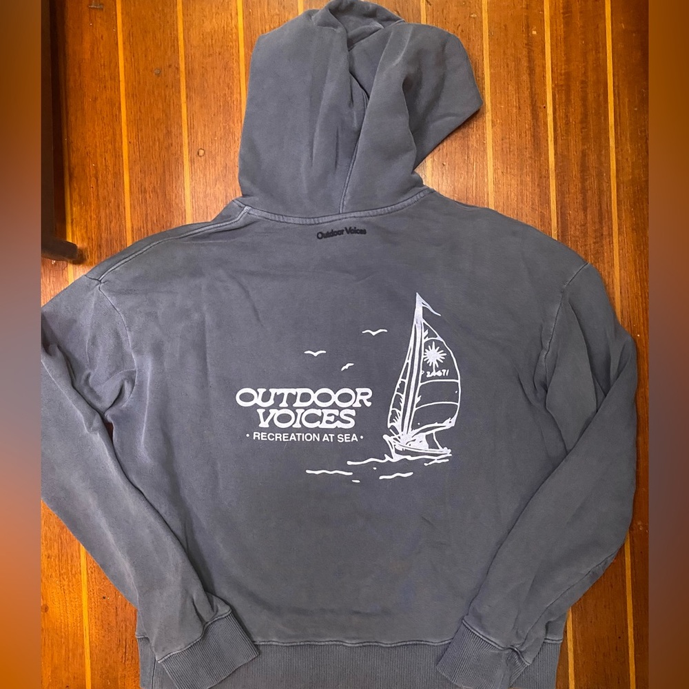 Outdoor Voices Slate Blue Hooded Sweatshirt with White Sail Graphic